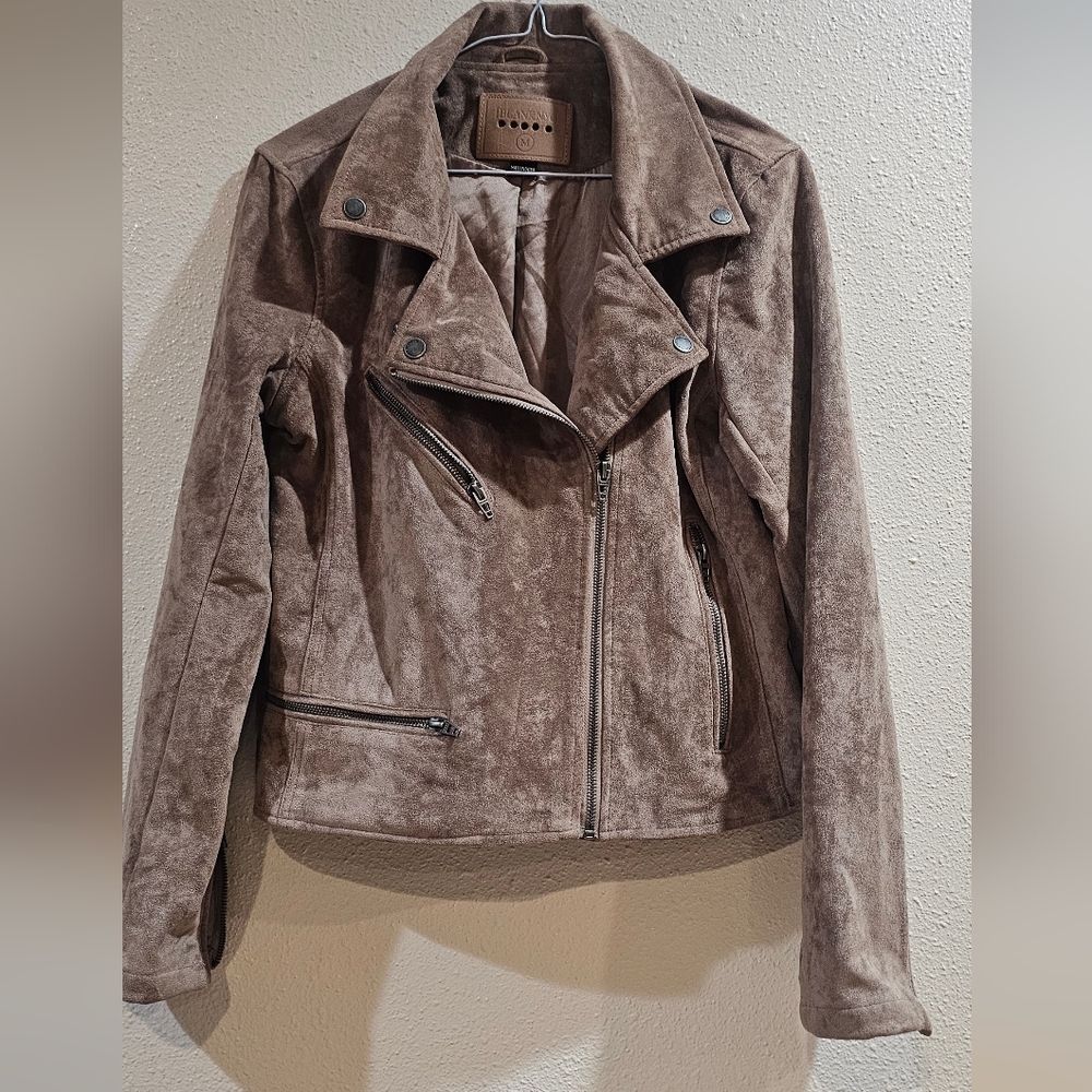 BLANKNYC Suede Moto Jacket Medium Sand Brown Genuine Leather Biker Style